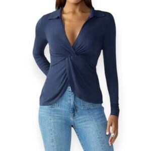 Sanctuary Plus 1X Twisted Front Top Shirt Navy Blue V Neck Long Sleeves Stretch